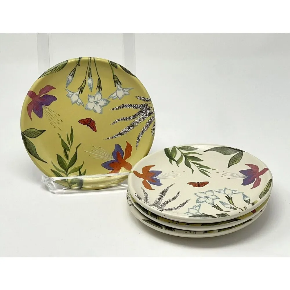 Nicobar Appetizer Tea Plates 5” Botanical Floral Yellow White Stoneware Set Of 4